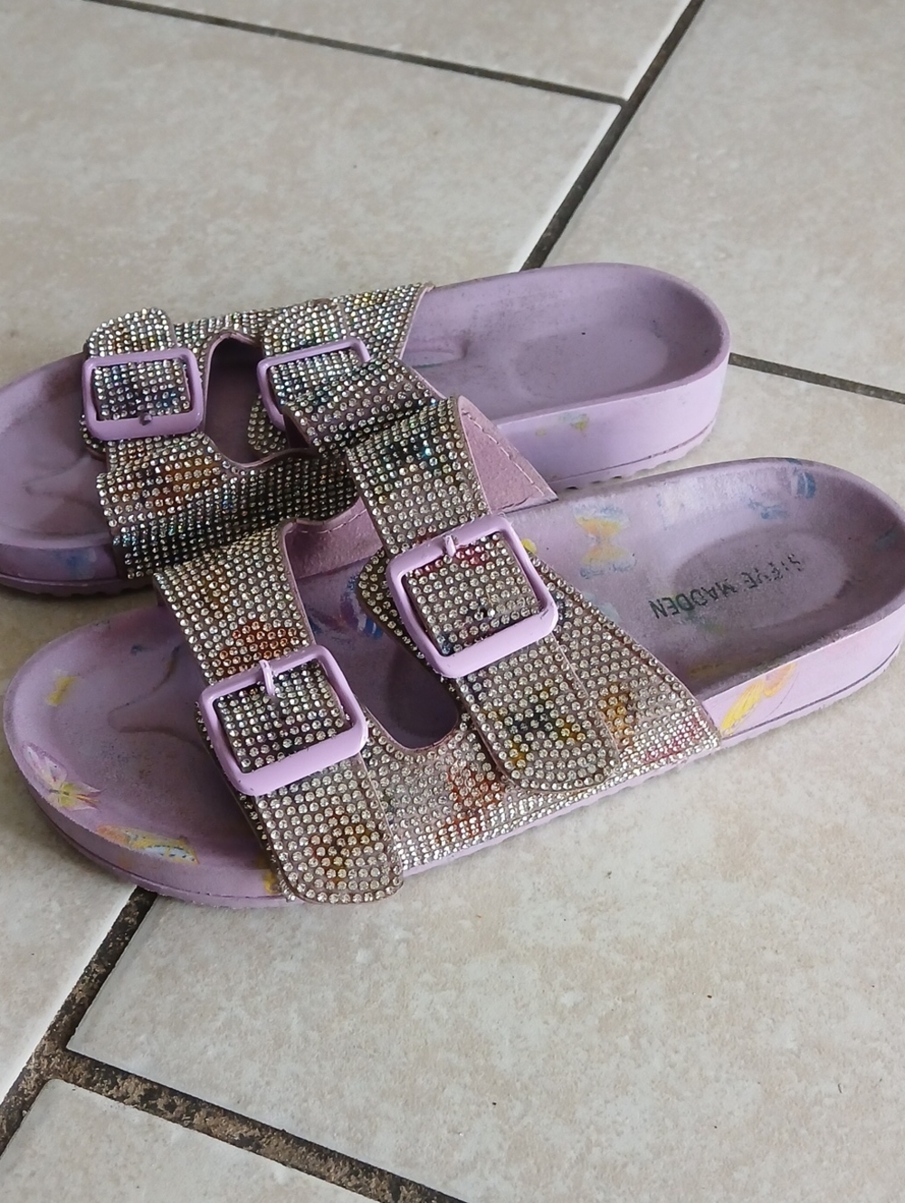 Steve Madden Womens Size 6.5 Lilac Crystal Embellished Double Buckle Slides